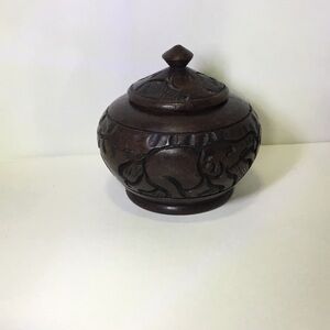 African Carved Ebony Wooden Bowl Rhinoceros Elephant Design